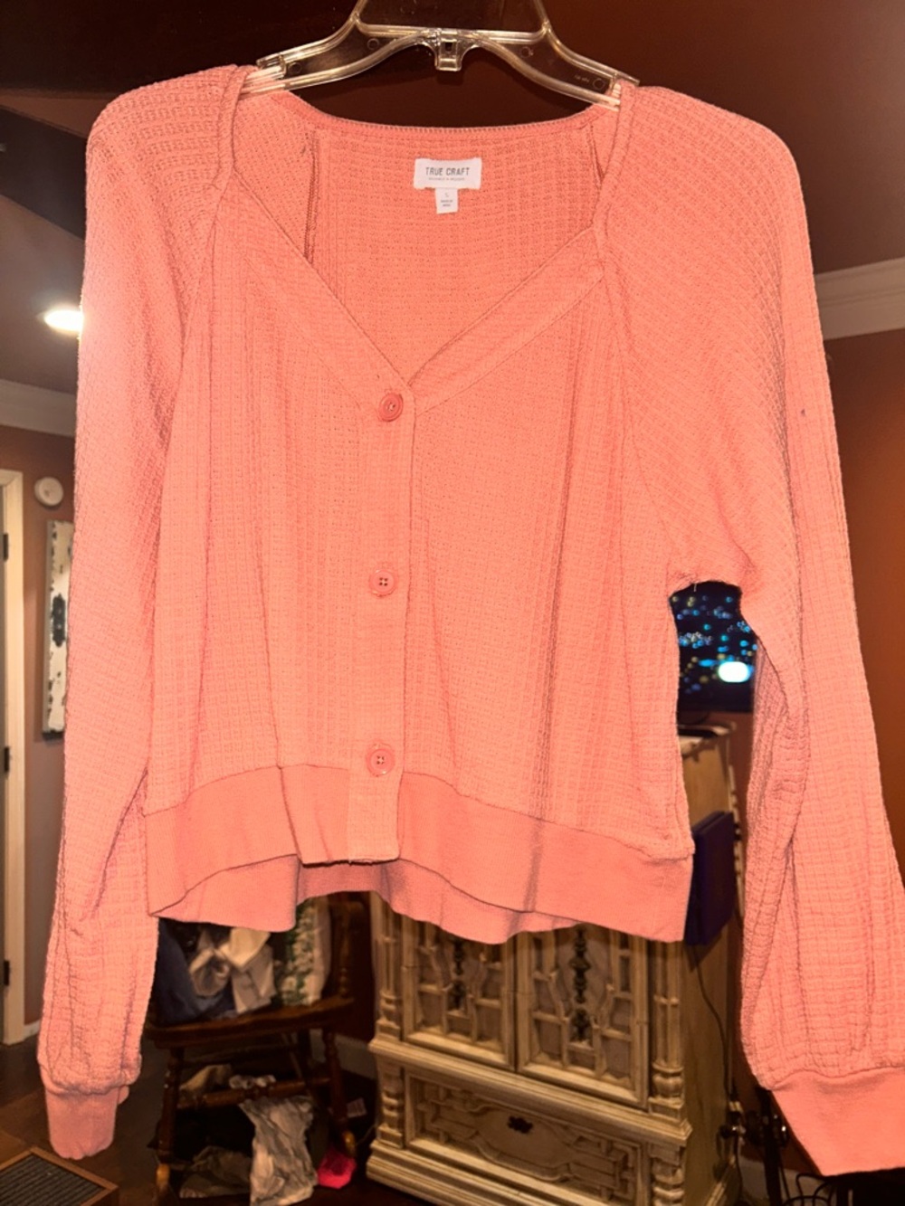 True Craft Coral Button-Front Waffle Knit Cardigan